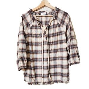 Bella by Kim Gravel‎ Flannel Lace Up Balloon Sleeve Peasant Fringe Plaid Boho